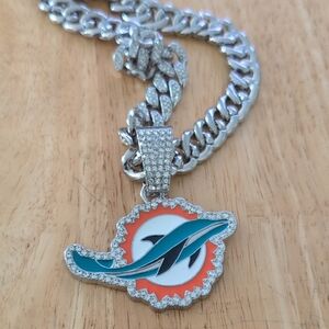 Unk Miami Dolphins Style Silver Teal Orange Pendant Chain